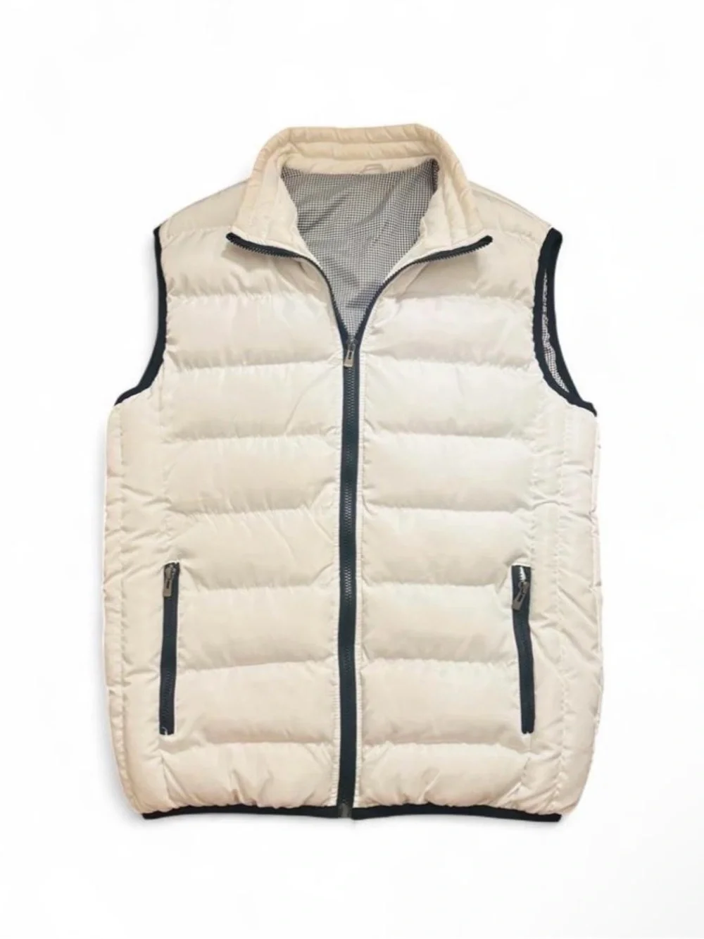 Men's Cream Quilted Puffer Vest with Black Trim